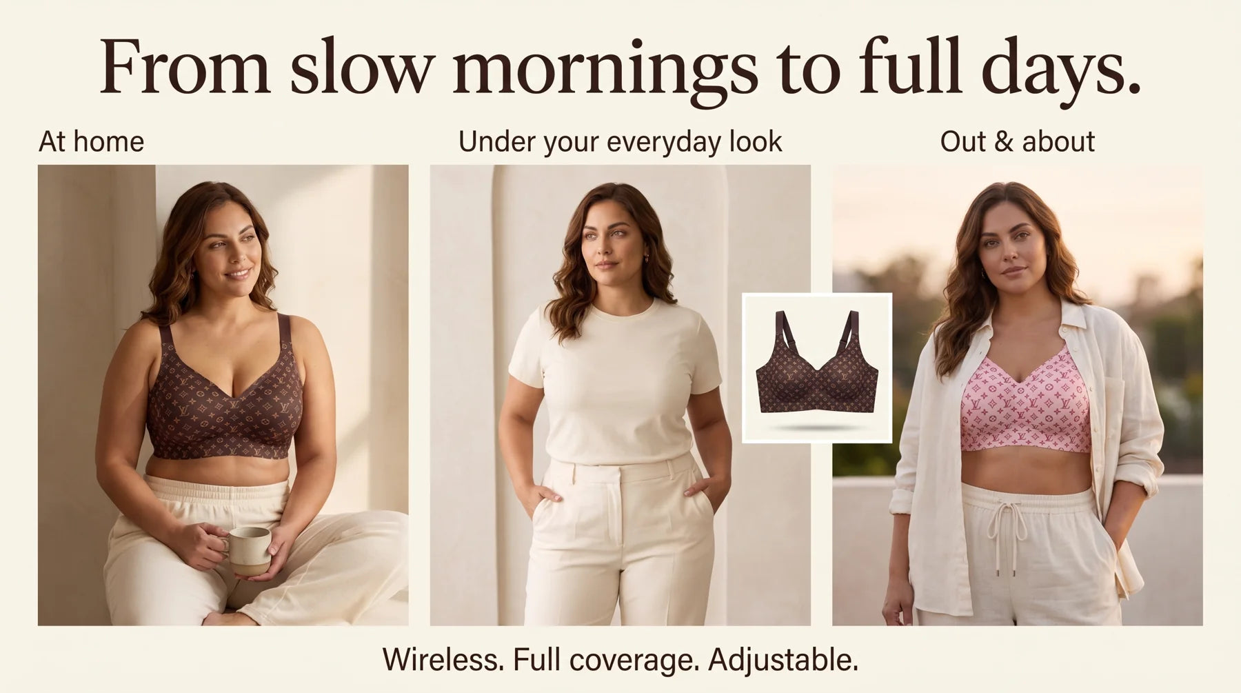 The Everyday Wireless Bra at home, under an everyday outfit, and out and about