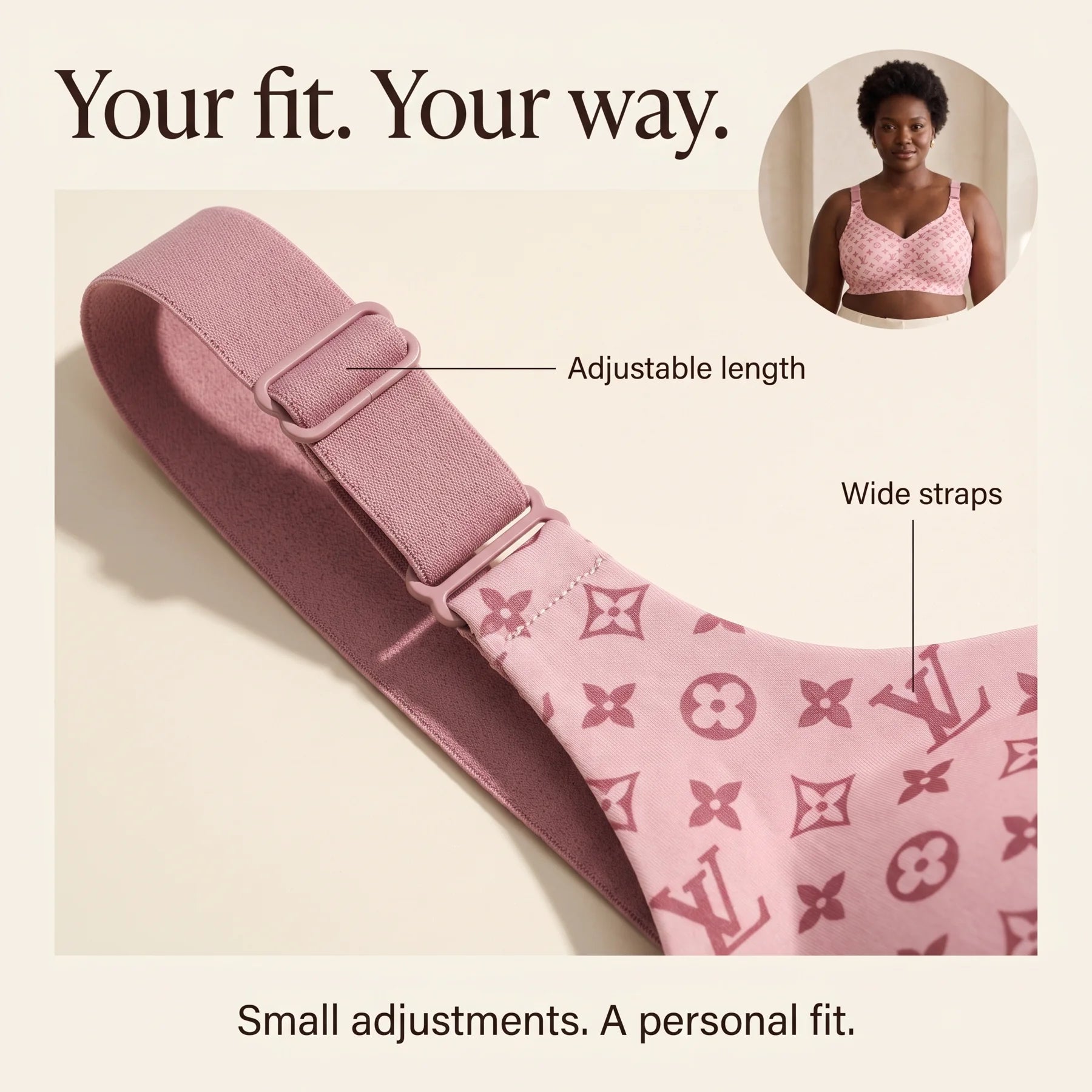 Adjustable Rose shoulder strap and wide strap detail